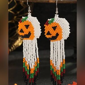 Halloween Pumpkin Orange and White Seed Beaded Boho Dangle Earrings